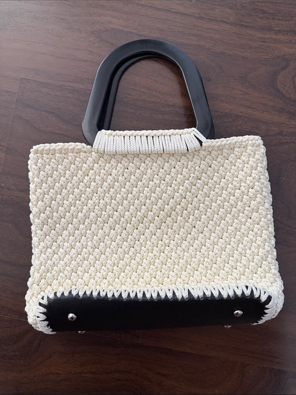 Handmade Woven Cream Crochet Tote with Black Handles